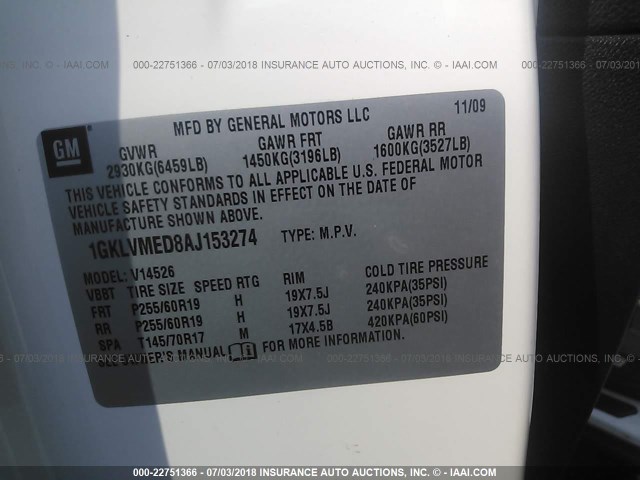 1GKLVMED8AJ153274 - 2010 GMC ACADIA SLT-1 Biały zdjęcie 9