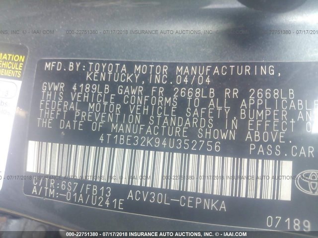 4T1BE32K94U352756 - 2004 TOYOTA CAMRY LE/XLE/SE Boz foto 9