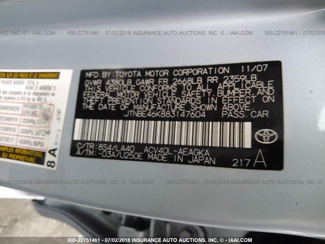 JTNBE46K883147604 - 2008 TOYOTA CAMRY CE/LE/XLE/SE BLUE photo 9