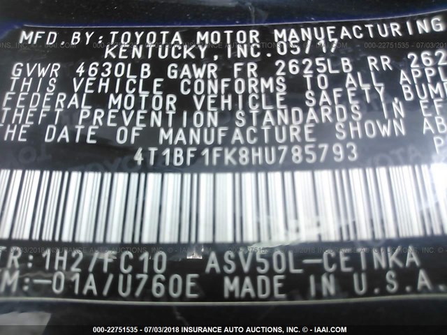 4T1BF1FK8HU785793 - 2017 TOYOTA CAMRY LE/XLE/SE/XSE BLACK photo 9