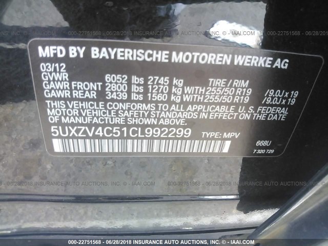 5UXZV4C51CL992299 - 2012 BMW X5 XDRIVE35I BLACK photo 9