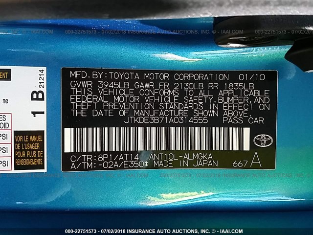 JTKDE3B71A0314555 - 2010 TOYOTA SCION TC ლურჯი ფოტო 9