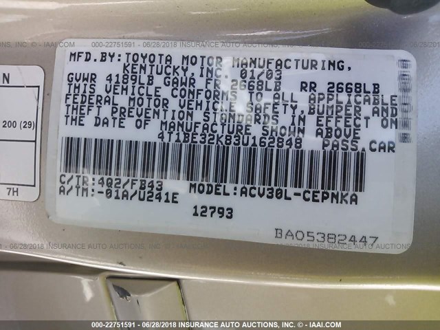 4T1BE32K83U162848 - 2003 TOYOTA CAMRY LE/XLE/SE Qızıl foto 9