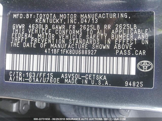 4T1BF1FK8DU688927 - 2013 TOYOTA CAMRY L/SE/LE/XLE 灰色 照片 9