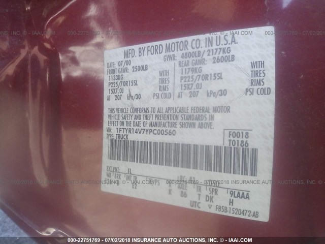 1FTYR14V7YPC00560 - 2000 FORD RANGER SUPER CAB MAROON photo 9