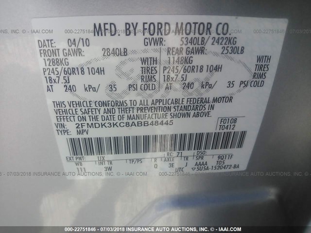 2FMDK3KC8ABB48445 - 2010 FORD EDGE LIMITED SILVER photo 9