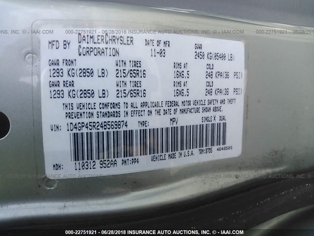 1D4GP45R24B569874 - 2004 DODGE CARAVAN SXT SILVER photo 9