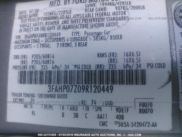 3FAHP07Z09R120449 - 2009 FORD FUSION SE SILVER photo 9