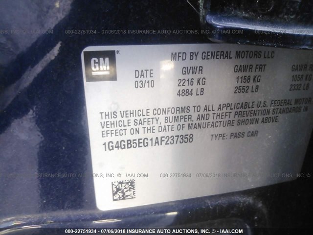 1G4GB5EG1AF237358 - 2010 BUICK LACROSSE CX BLUE photo 9