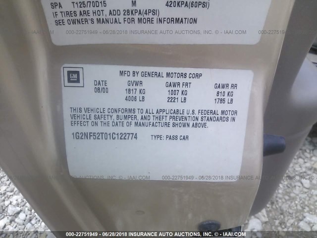 1G2NF52T01C122774 - 2001 PONTIAC GRAND AM SE1 GOLD photo 9