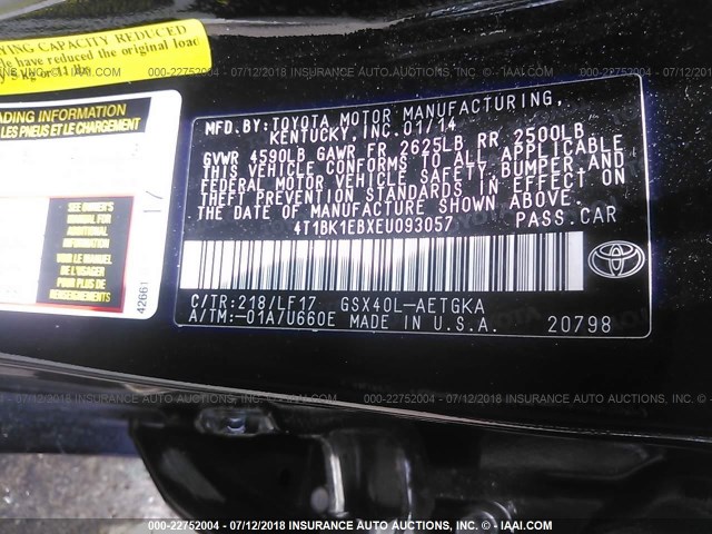 4T1BK1EBXEU093057 - 2014 TOYOTA AVALON PREMIUM/TOURING/LIMITED Qara foto 9