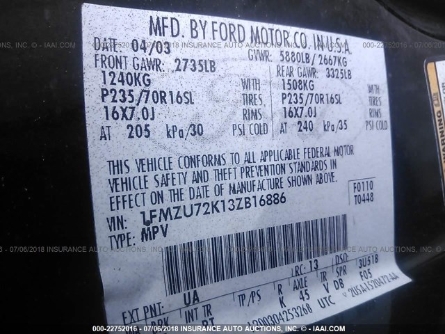 1FMZU72K13ZB16886 - 2003 FORD EXPLORER XLS/XLS SPORT BLACK photo 9