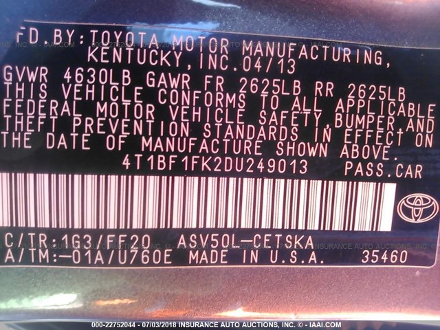 4T1BF1FK2DU249013 - 2013 TOYOTA CAMRY L/SE/LE/XLE 灰色 照片 9