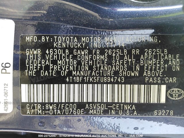 4T1BF1FK5FU894743 - 2015 TOYOTA CAMRY LE/XLE/SE/XSE Dark Blue photo 9