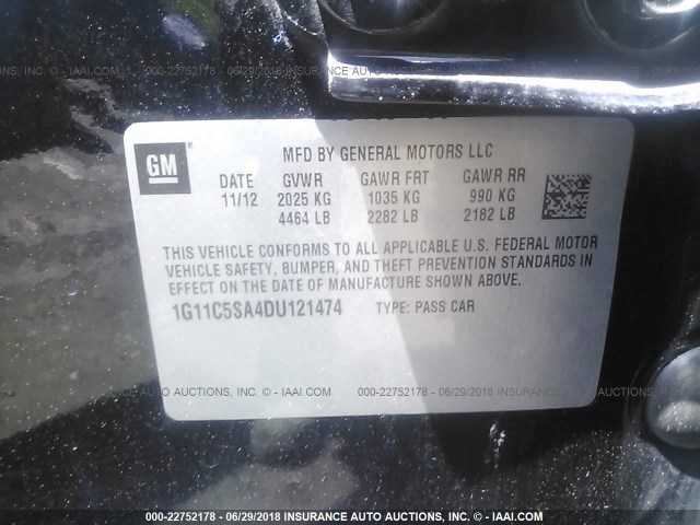 1G11C5SA4DU121474 - 2013 CHEVROLET MALIBU 1LT 黑色 照片 9