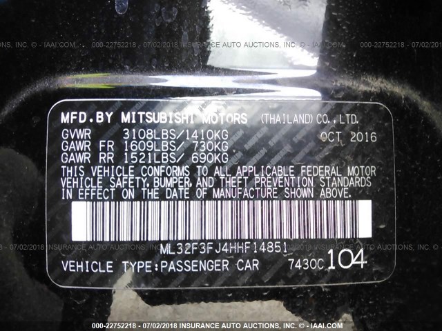 ML32F3FJ4HHF14851 - 2017 MITSUBISHI MIRAGE G4 ES BLACK photo 9