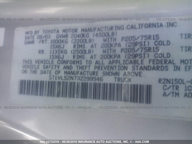 5TEVL52N73Z299946 - 2003 TOYOTA TACOMA XTRACAB SILVER photo 9