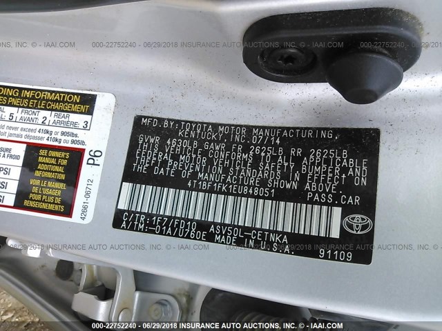 4T1BF1FK1EU848051 - 2014 TOYOTA CAMRY L/SE/LE/XLE 银色 照片 9