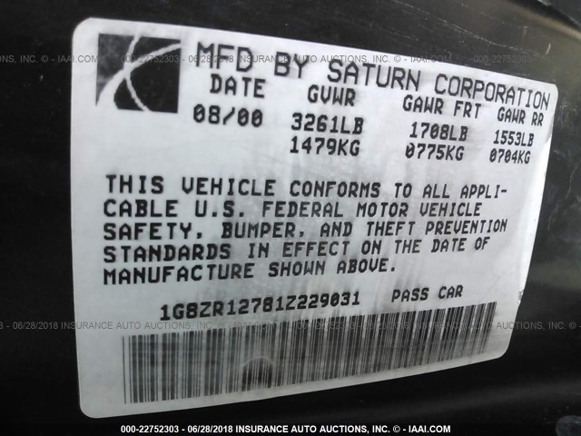 1G8ZR12781Z229031 - 2001 SATURN SC2 BLACK photo 9