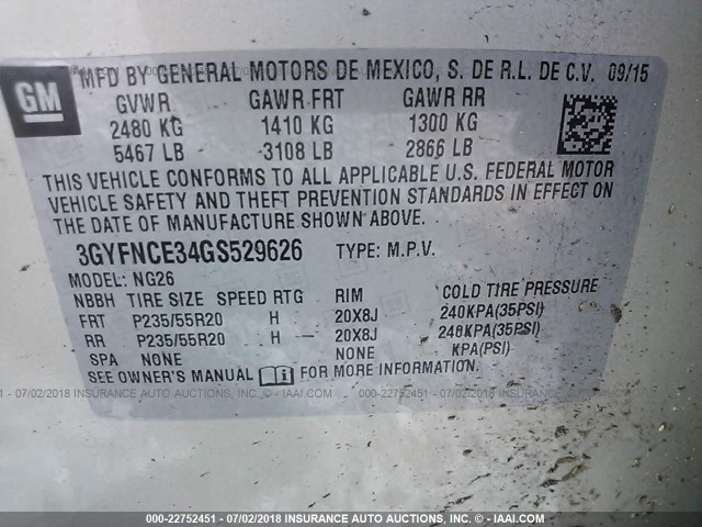 3GYFNCE34GS529626 - 2016 CADILLAC SRX PERFORMANCE COLLECTION Алтын фото 9