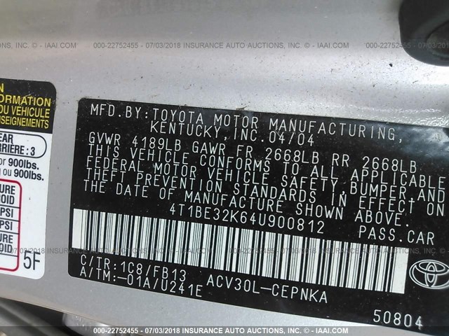 4T1BE32K64U900812 - 2004 TOYOTA CAMRY LE/XLE/SE Gümüş foto 9