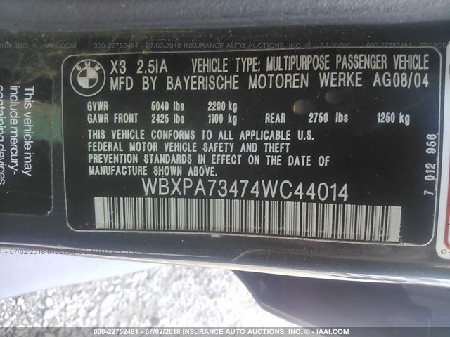 WBXPA73474WC44014 - 2004 BMW X3 2.5I GRAY photo 9