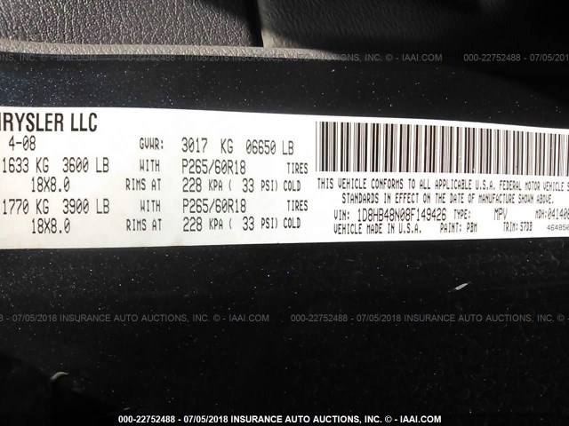 1D8HB48N08F149426 - 2008 DODGE DURANGO SLT GRAY photo 9