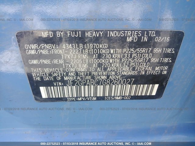 JF2GPABC7G8260027 - 2016 SUBARU CROSSTREK PREMIUM ლურჯი ფოტო 9