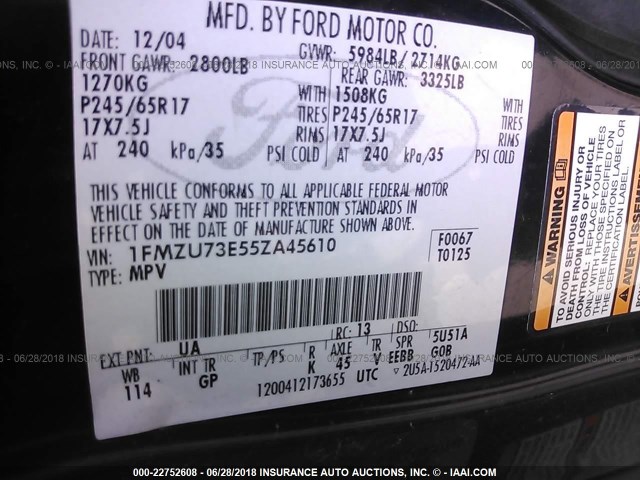 1FMZU73E55ZA45610 - 2005 FORD EXPLORER XLT/XLT SPORT/NBX 黑色 照片 9