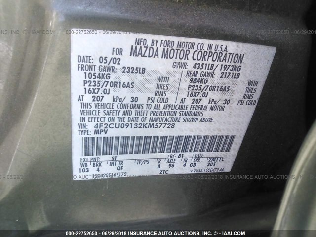 4F2CU09132KM57728 - 2002 MAZDA TRIBUTE LX/ES 灰色 照片 9