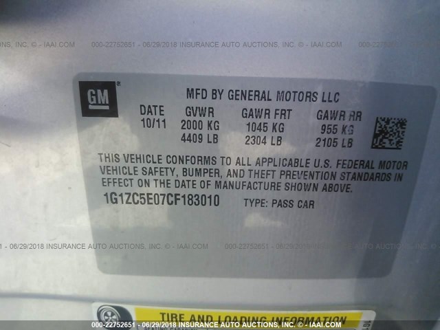 1G1ZC5E07CF183010 - 2012 CHEVROLET MALIBU 1LT SILVER photo 9