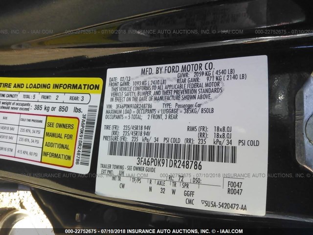 3FA6P0K91DR248786 - 2013 FORD FUSION TITANIUM BLACK photo 9