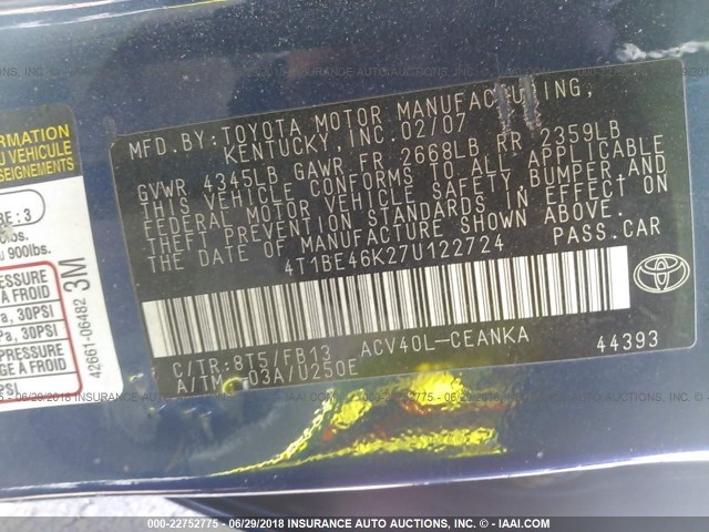 4T1BE46K27U122724 - 2007 TOYOTA CAMRY NEW GENERAT CE/LE/XLE/SE BLUE photo 9