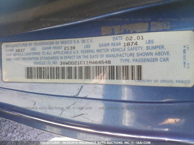 3VWDD21C11M464548 - 2001 VOLKSWAGEN NEW BEETLE GLX 蓝色 照片 9