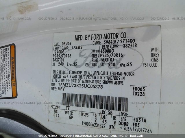 1FMZU73K25UC05378 - 2005 FORD EXPLORER XLT/XLT SPORT/NBX 白色 照片 9