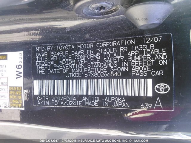 JTKDE167X80266840 - 2008 TOYOTA SCION TC 黑色 照片 9