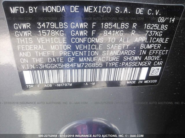 3HGGK5H84FM726855 - 2015 HONDA FIT EX/EXL GRAY photo 9