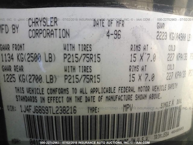 1J4FJ68S9TL238216 - 1996 JEEP CHEROKEE SPORT/CLASSIC შავი ფოტო 9