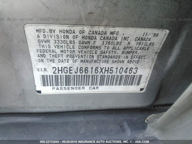 2HGEJ6616XH510463 - 1999 HONDA CIVIC SE SILVER photo 9