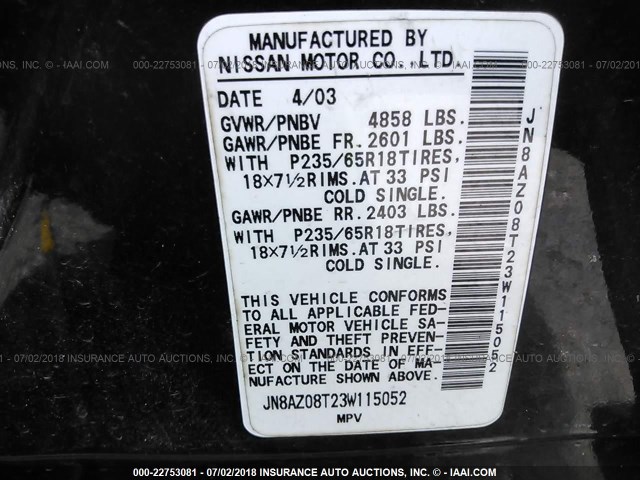 JN8AZ08T23W115052 - 2003 NISSAN MURANO SL/SE BLACK photo 9