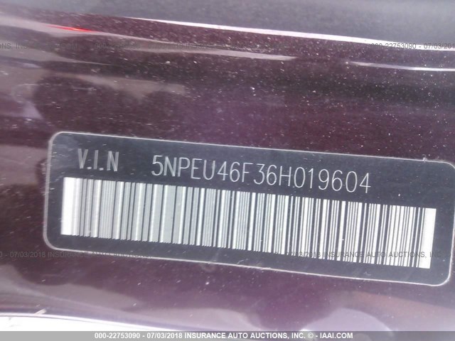 5NPEU46F36H019604 - 2006 HYUNDAI SONATA GLS/LX MAROON photo 9