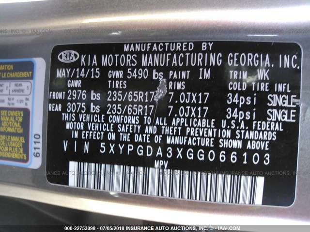 5XYPGDA3XGG066103 - 2016 KIA SORENTO LX/L GRAY photo 9