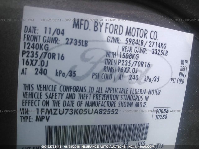 1FMZU73K05UA82552 - 2005 FORD EXPLORER XLT/XLT SPORT/NBX 锡色 照片 9