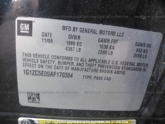 1G1ZC5E09AF170384 - 2010 CHEVROLET MALIBU 1LT შავი ფოტო 9