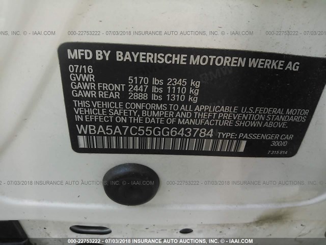 WBA5A7C55GG643784 - 2016 BMW 528 XI WHITE photo 9