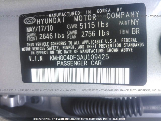 KMHGC4DF3AU109425 - 2010 HYUNDAI GENESIS 4.6L SILVER photo 9