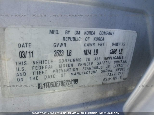 KL1TD5DE7BB224109 - 2011 CHEVROLET AVEO LS/LT 银色 照片 9