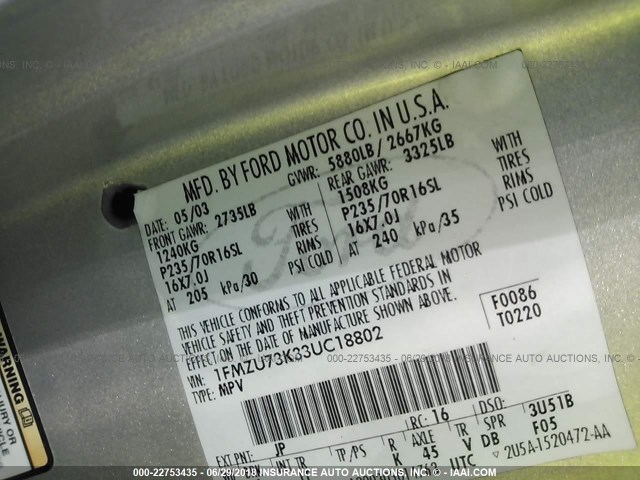 1FMZU73K33UC18802 - 2003 FORD EXPLORER XLT/XLT SPORT/NBX 银色 照片 9