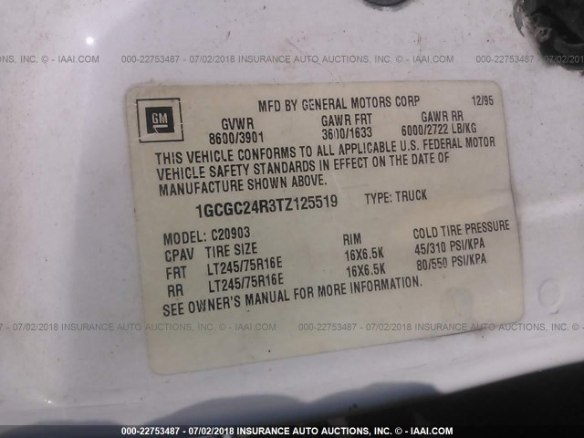 1GCGC24R3TZ125519 - 1996 CHEVROLET GMT-400 C2500 WHITE photo 9