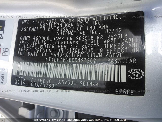 4T4BF1FK8CR197262 - 2012 TOYOTA CAMRY SE/LE/XLE SILVER photo 9